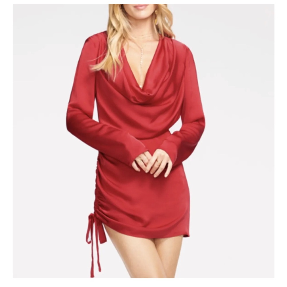 NWT Ramy Brook Reeta Ruched Scarlet Red Satin Cowl Neck Mini Dress Sz M $445